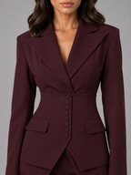 Women's Tailored Cinched Waist Blazer Wide-Leg Trouser Suit Set Two-Piece Burgundy