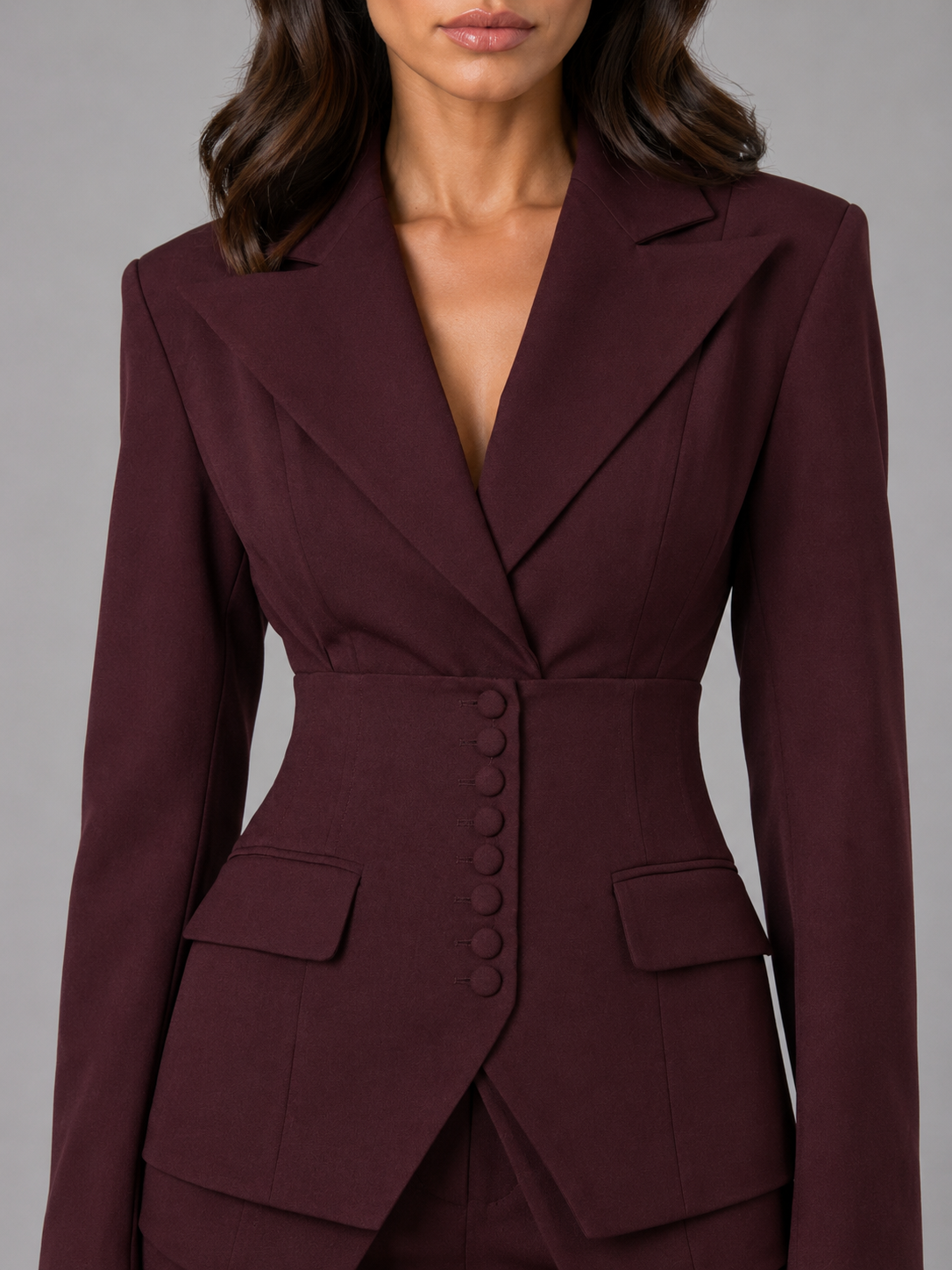 Women's Tailored Cinched Waist Blazer Wide-Leg Trouser Suit Set Two-Piece Burgundy