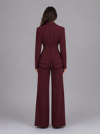 Women's Tailored Cinched Waist Blazer Wide-Leg Trouser Suit Set Two-Piece Burgundy