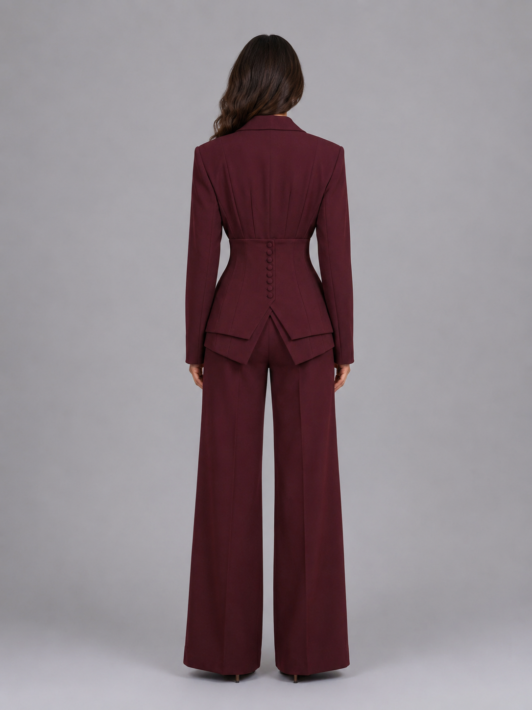 Women's Tailored Cinched Waist Blazer Wide-Leg Trouser Suit Set Two-Piece Burgundy