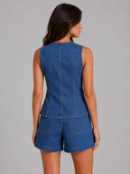 Tailored Waistcoat and Shorts Co-Ord Set Button-Front High-Waisted Pocket Detail Blue