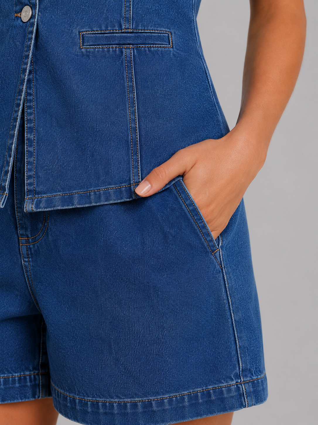 Tailored Waistcoat and Shorts Co-Ord Set Button-Front High-Waisted Pocket Detail Blue