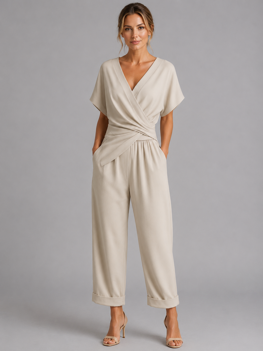Wrap Front Co-Ord Set Relaxed Summer Fit Cropped Trouser Detail Apricot