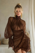 Jade Ruched Tulle Mini Dress Mock Neck Long Puff Sleeve Detail Brown