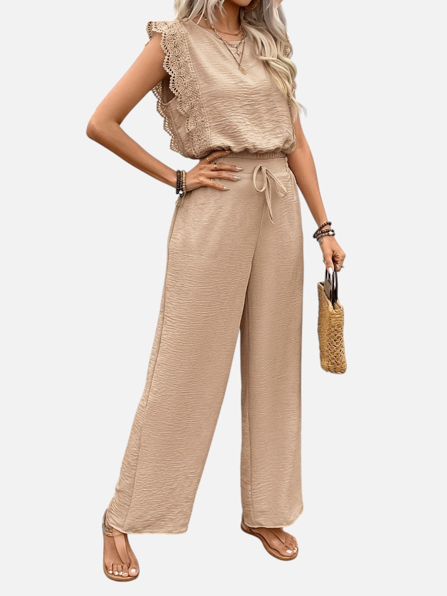 Women's Relaxed Sleeveless Top Wide-Leg Trouser Set Two-Piece Beige