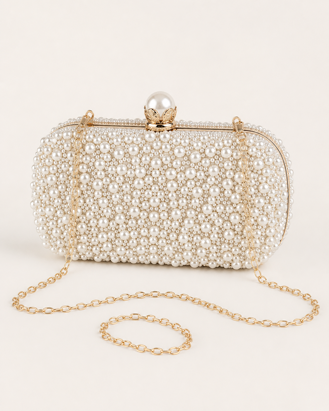 Althea Pearl Clutch Bag Kiss Lock Closure Detachable Chain Strap Beige