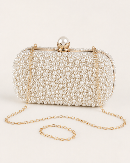 Althea Pearl Clutch Bag Kiss Lock Closure Detachable Chain Strap Beige