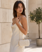Althea Pearl Clutch Bag Kiss Lock Closure Detachable Chain Strap Beige