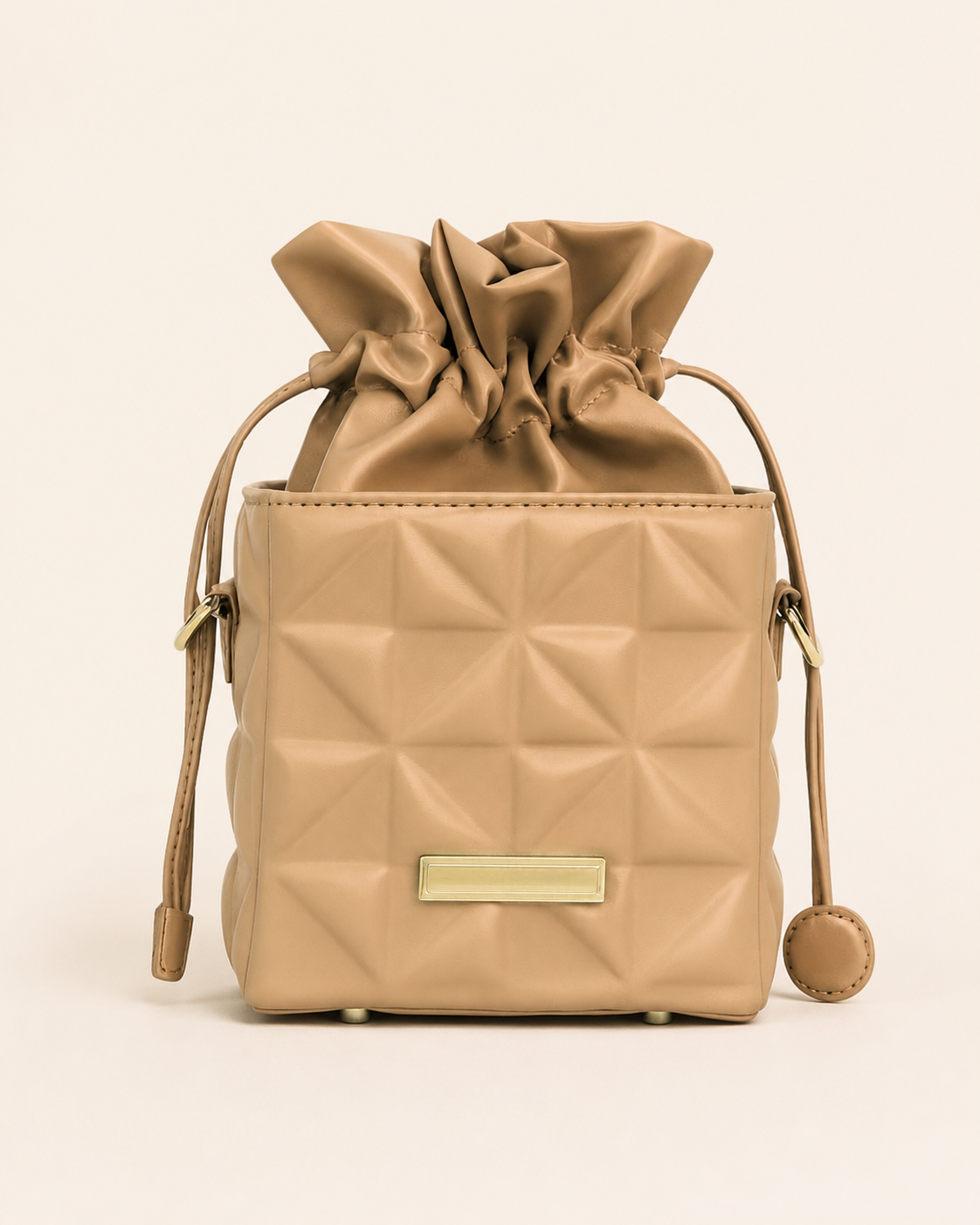 Anselma Quilted Crossbody Bag Drawstring Top Compact Bucket Shape Pink