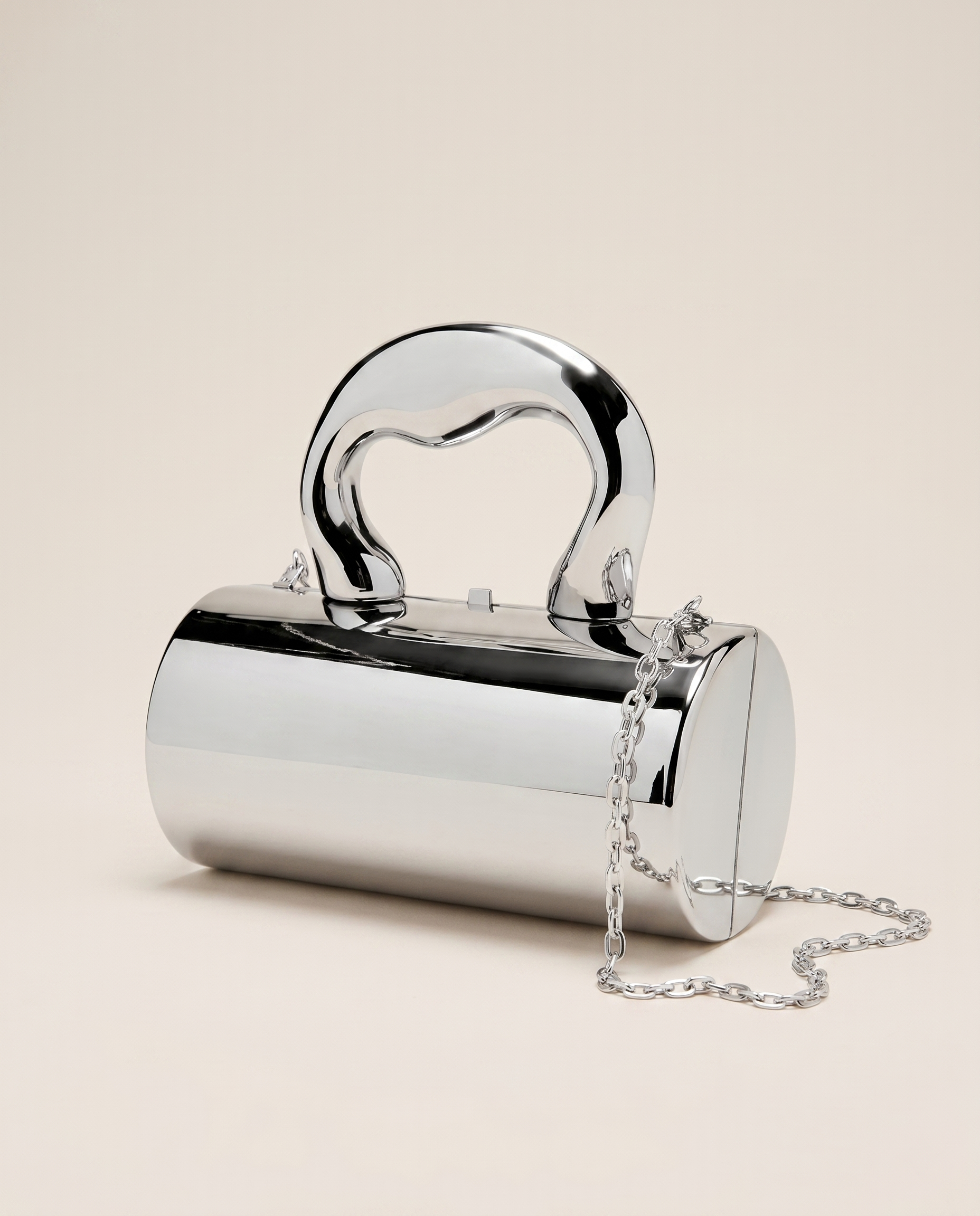 Catriona Metallic Clutch Bag Sculpted Handle Cylindrical Shape Gold