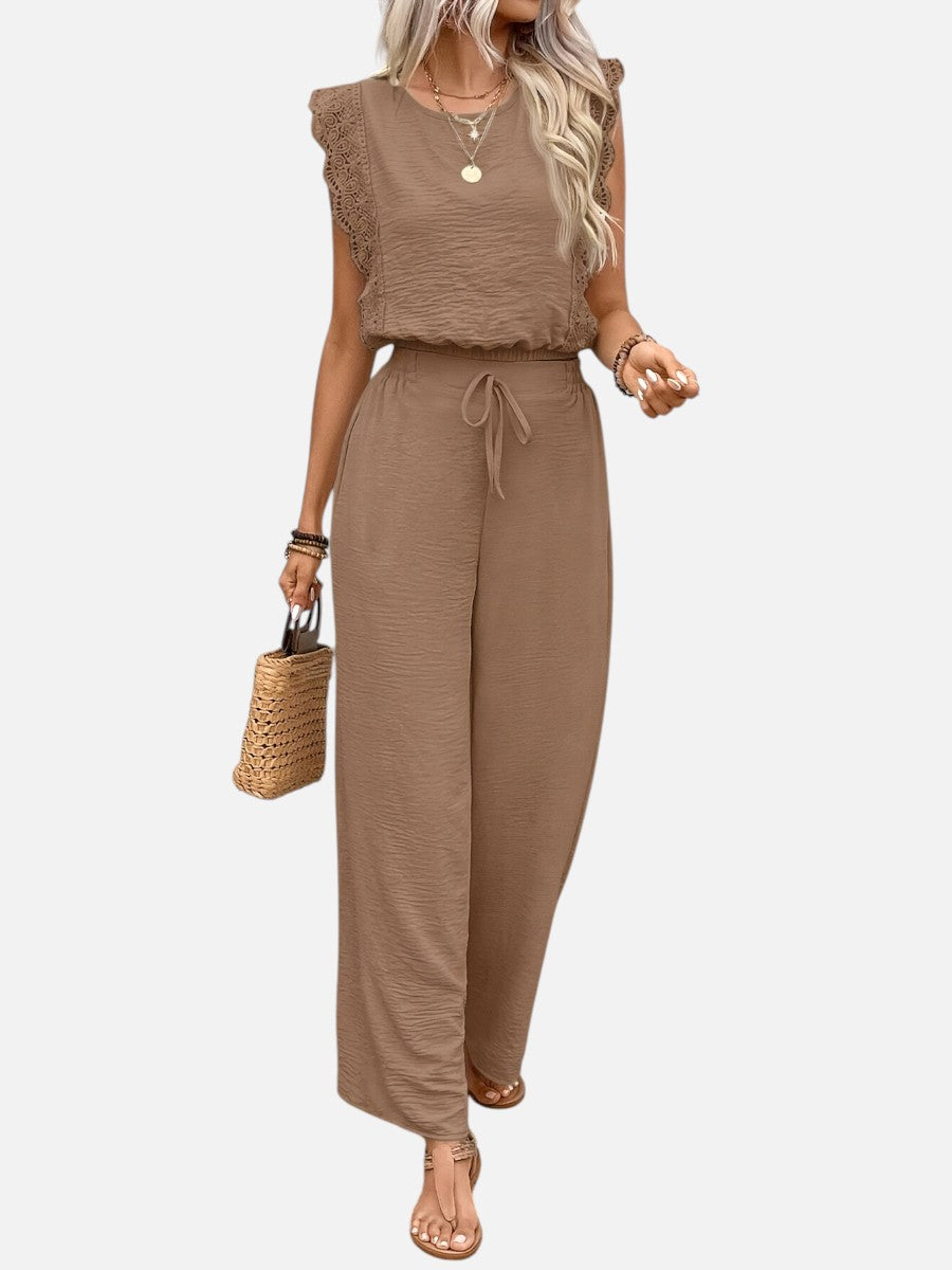 Women's Relaxed Sleeveless Top Wide-Leg Trouser Set Two-Piece Beige