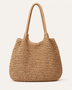 Evania Woven Tote Bag Oversized Shape Double Shoulder Handle Khaki