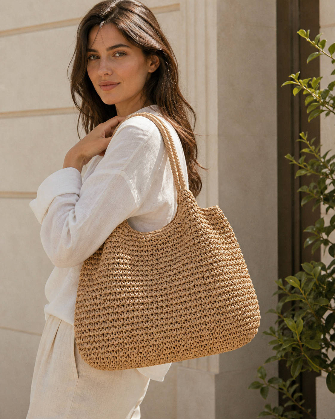 Evania Woven Tote Bag Oversized Shape Double Shoulder Handle Khaki