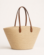 Fiora Woven Tote Bag Structured Shape Long Shoulder Handles Cream