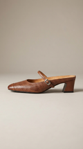 Women's Leather Mary Jane Mules Block Heel Buckled Strap