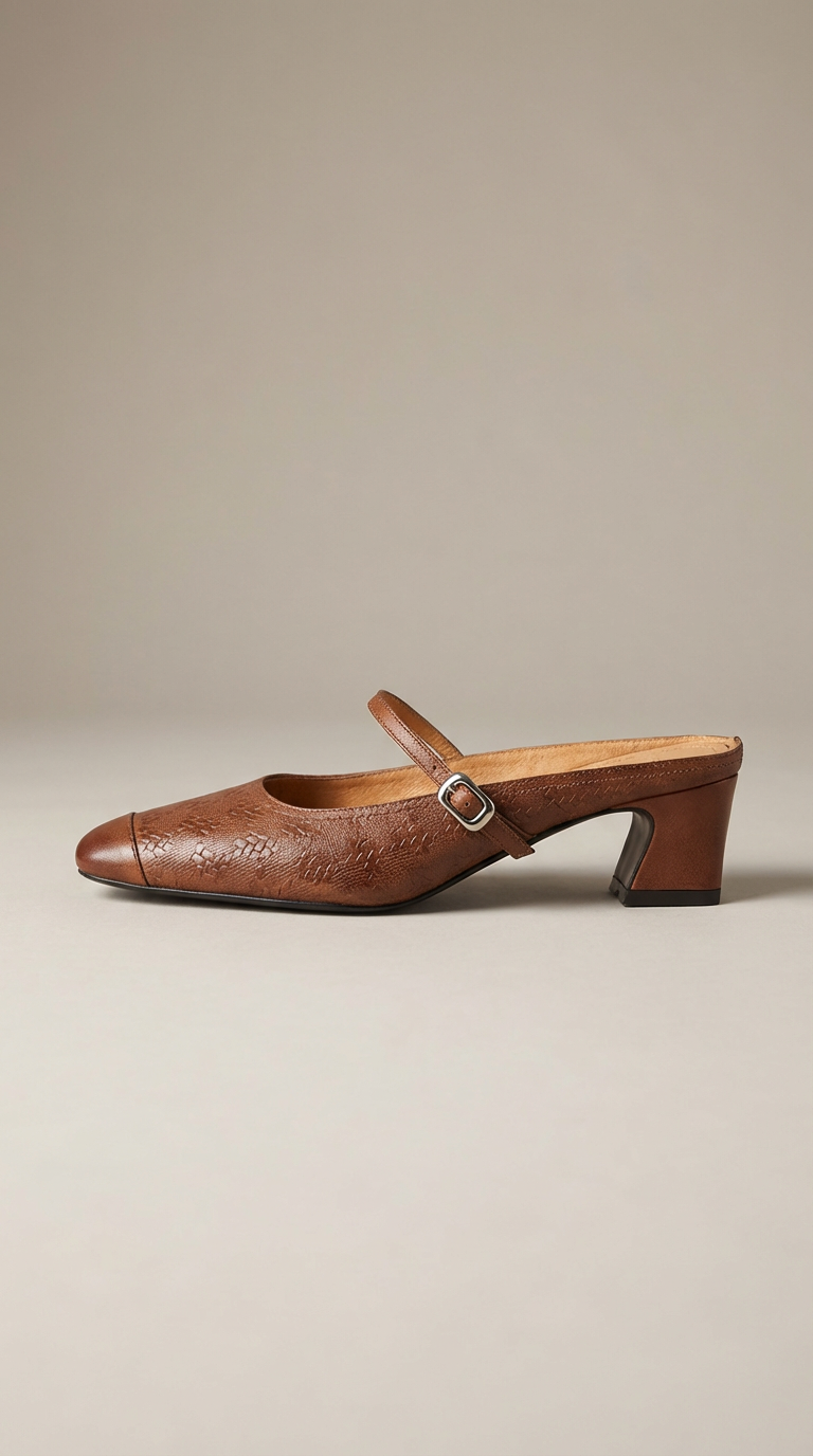 Women's Leather Mary Jane Mules Block Heel Buckled Strap