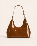 Ida Patent Shoulder Bag Curved Shape Glossy Finish Compact Design Chocolate