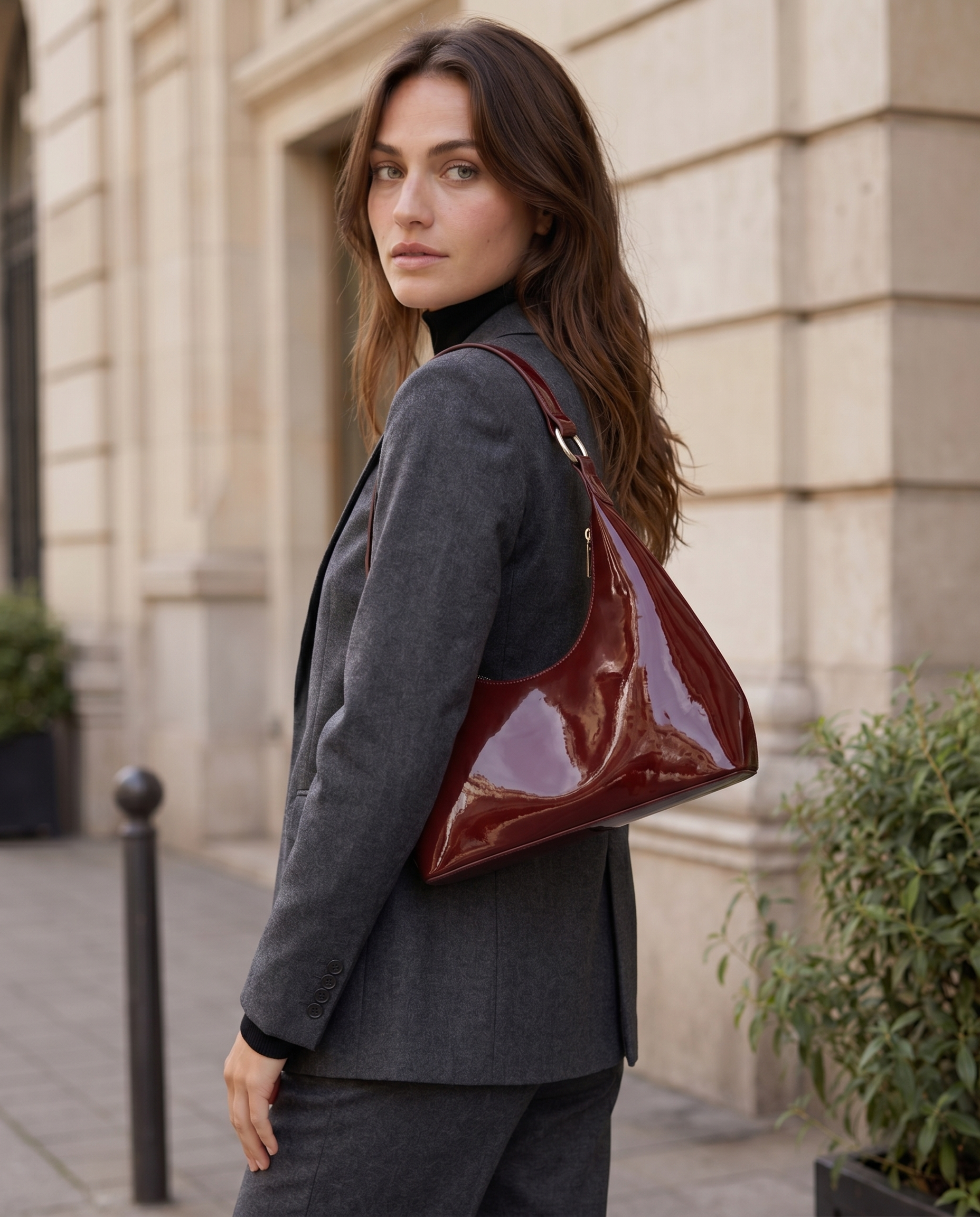 Ida Patent Shoulder Bag Curved Shape Glossy Finish Compact Design Chocolate