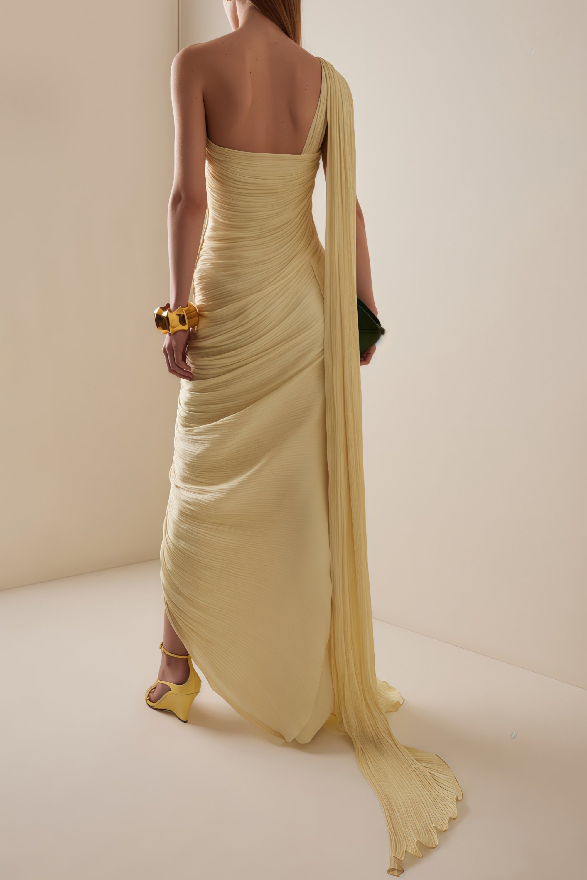 Meissa Asymmetrical Ruched Maxi Dress Sleeveless Ribbon Design Detail Yellow