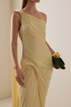 Meissa Asymmetrical Ruched Maxi Dress Sleeveless Ribbon Design Detail Yellow