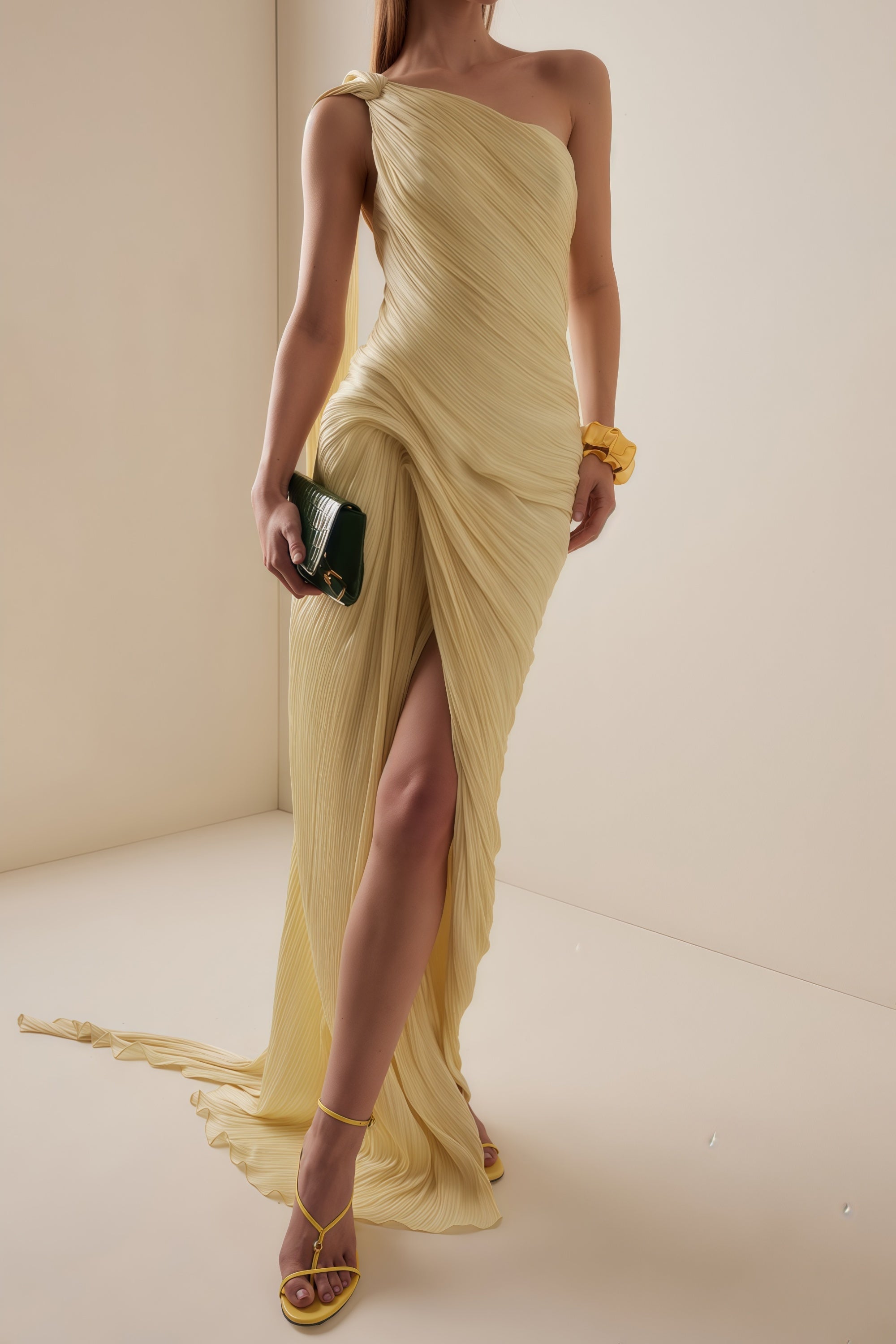 Meissa Asymmetrical Ruched Maxi Dress Sleeveless Ribbon Design Detail Yellow