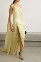 Meissa Asymmetrical Ruched Maxi Dress Sleeveless Ribbon Design Detail Yellow