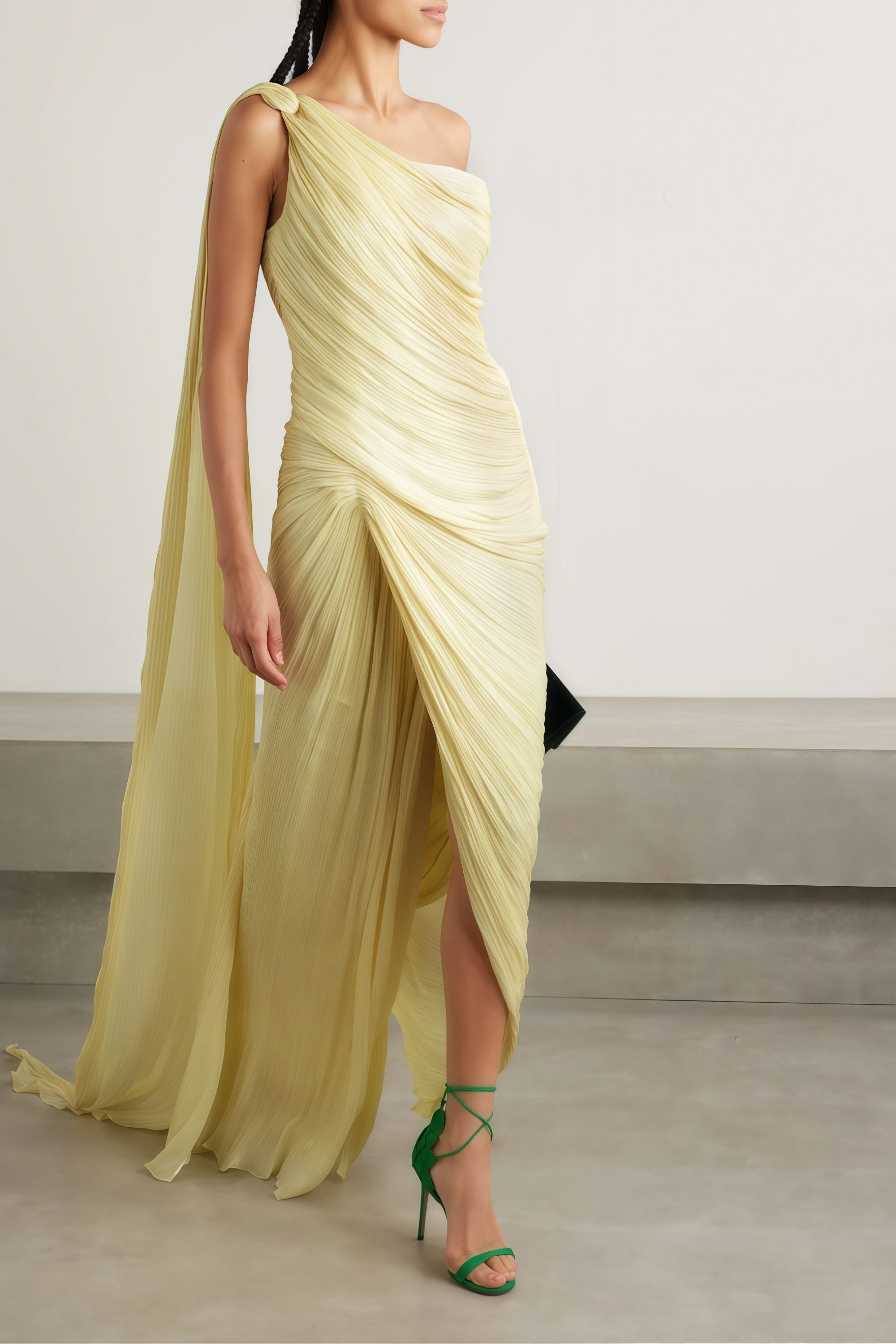 Meissa Asymmetrical Ruched Maxi Dress Sleeveless Ribbon Design Detail Yellow