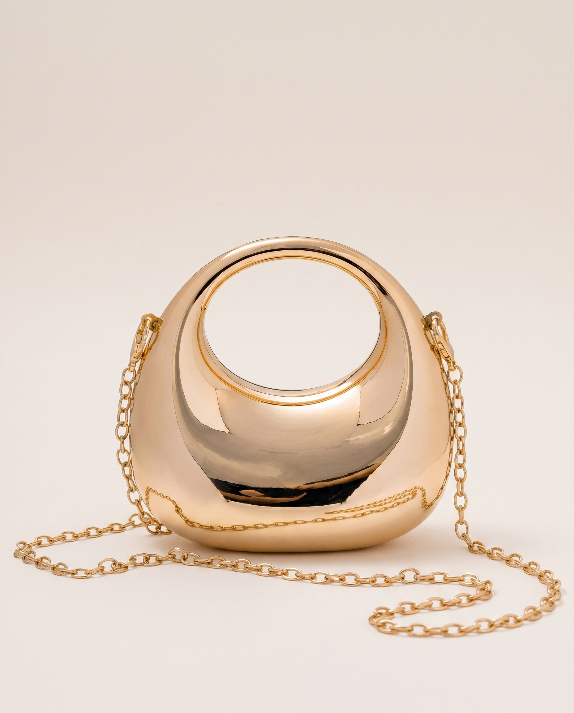 Keira Metallic Crossbody Bag Crescent Shape Circular Handle Chain Strap Gold
