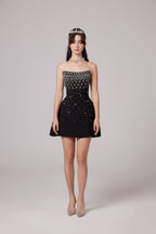 Melisande Fully Embellished Mini Dress Sleeveless Off-Shoulder Detail Black