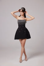 Melisande Fully Embellished Mini Dress Sleeveless Off-Shoulder Detail Black
