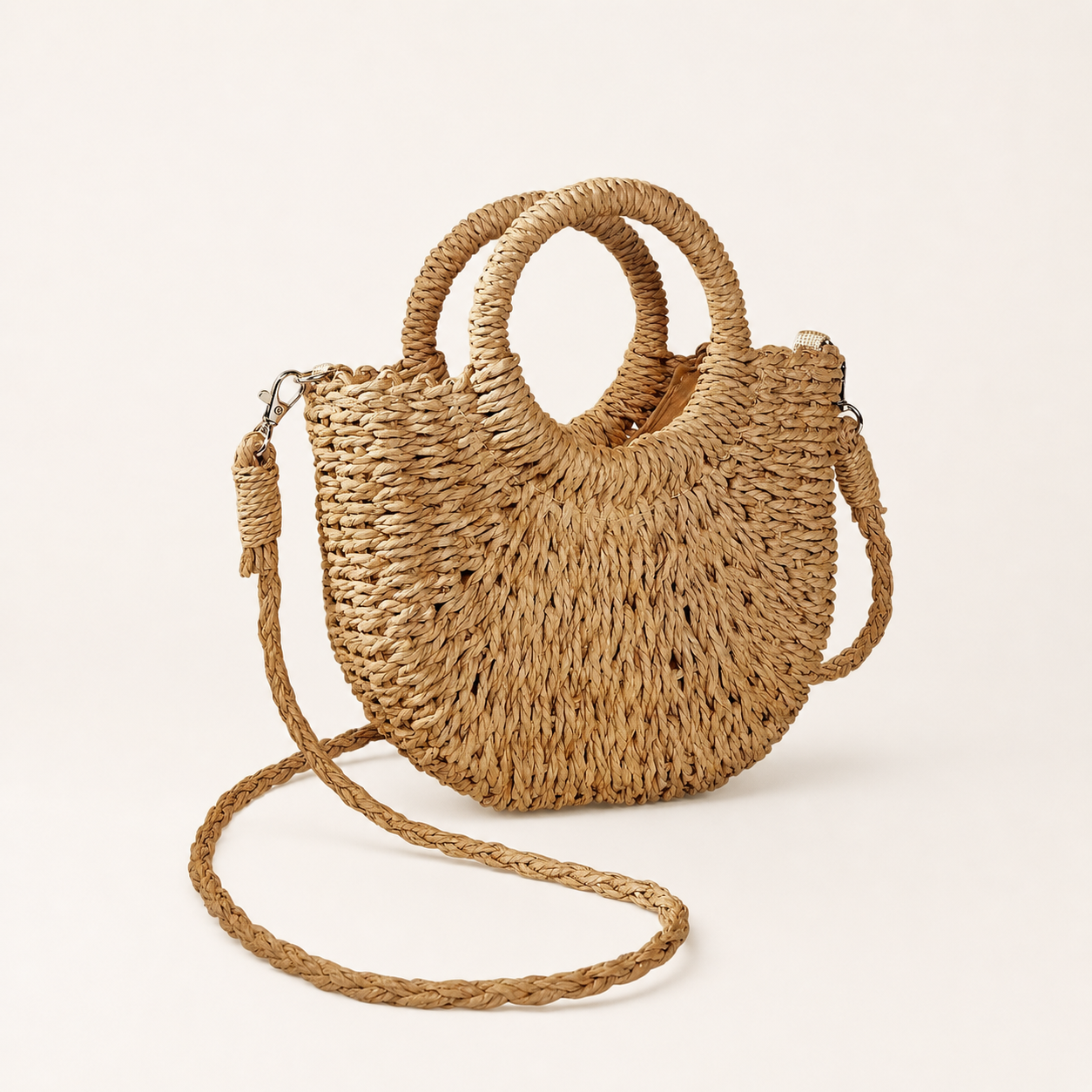 Mirelle Woven Beach Bag Round Handles Detachable Crossbody Strap Beige