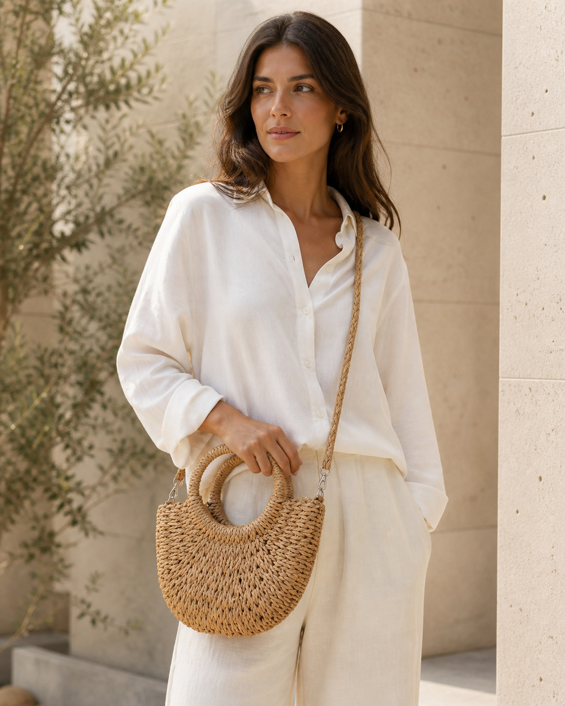 Mirelle Woven Beach Bag Round Handles Detachable Crossbody Strap Beige
