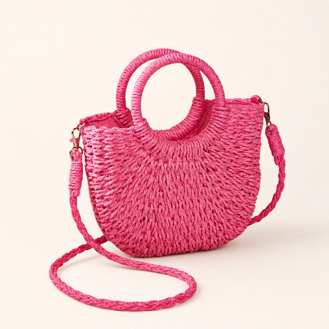 Mirelle Woven Beach Bag Round Handles Detachable Crossbody Strap Beige