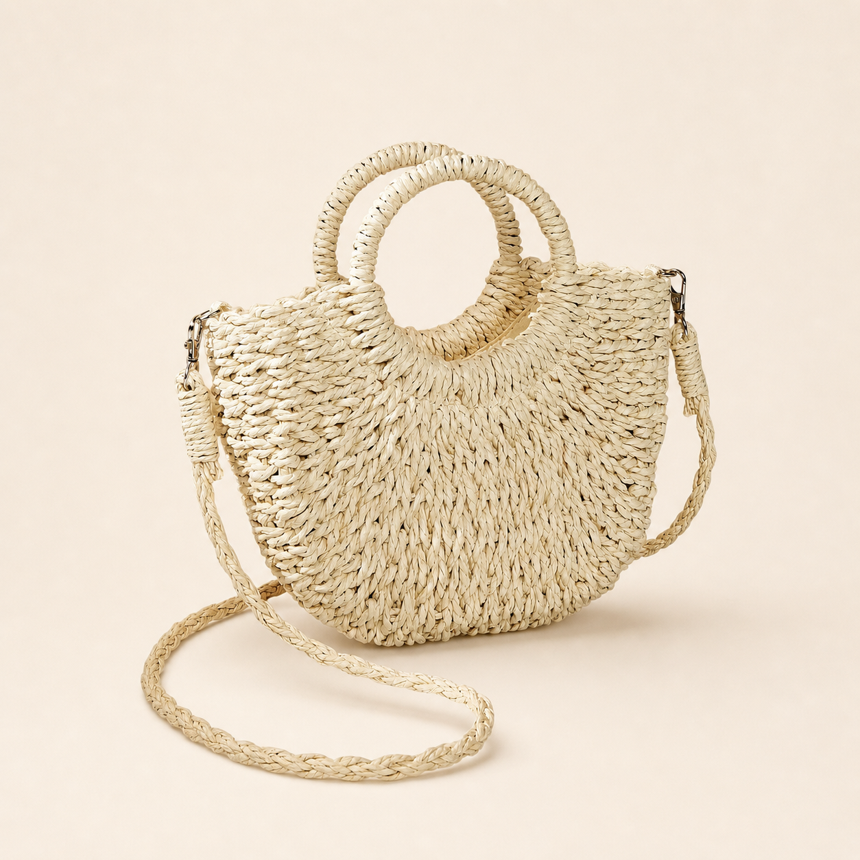 Mirelle Woven Beach Bag Round Handles Detachable Crossbody Strap Beige