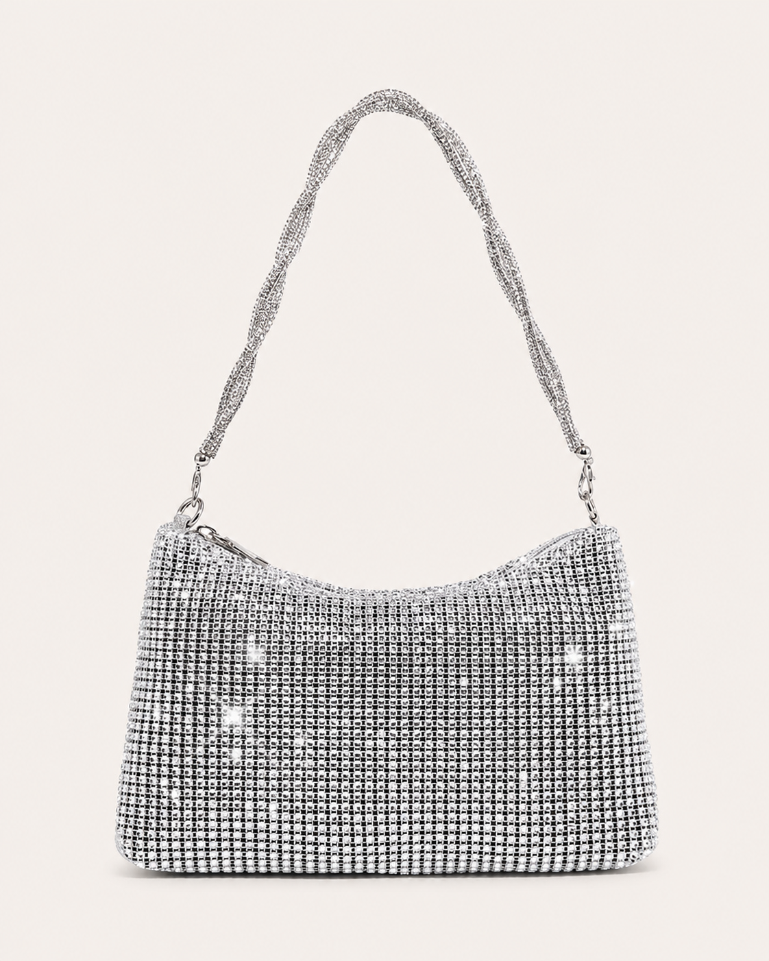 Olivra Rhinestone Shoulder Bag Soft Square Shape Chain Strap Silver