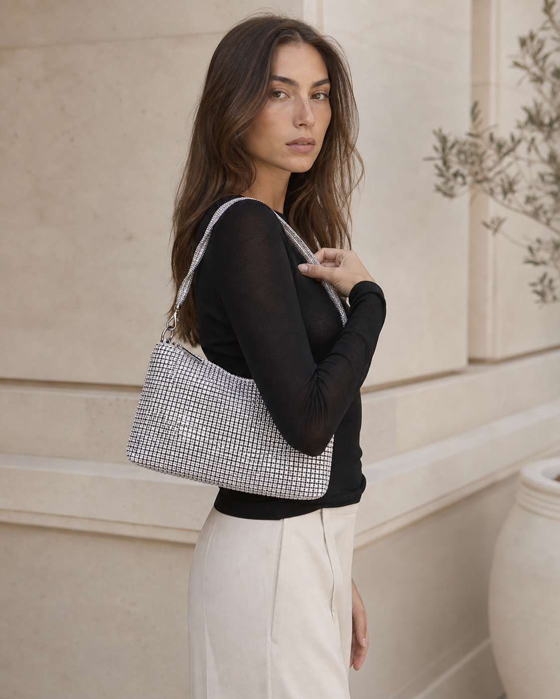 Olivra Rhinestone Shoulder Bag Soft Square Shape Chain Strap Silver