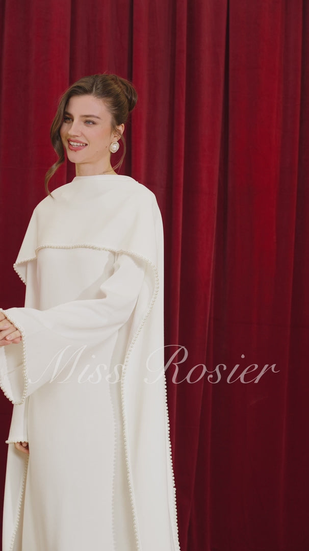 Piroska Pearl Trim Shawl Detail Maxi Dress Mock Neck Long Sleeve White