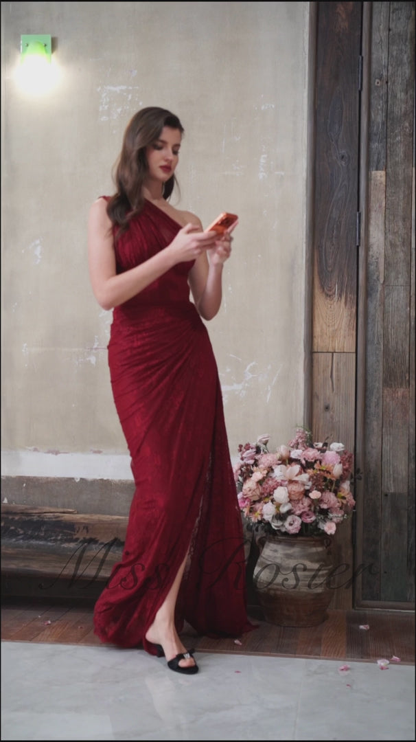 Stefania Floral Lace Maxi Gown One Shoulder High Slit Detail Red
