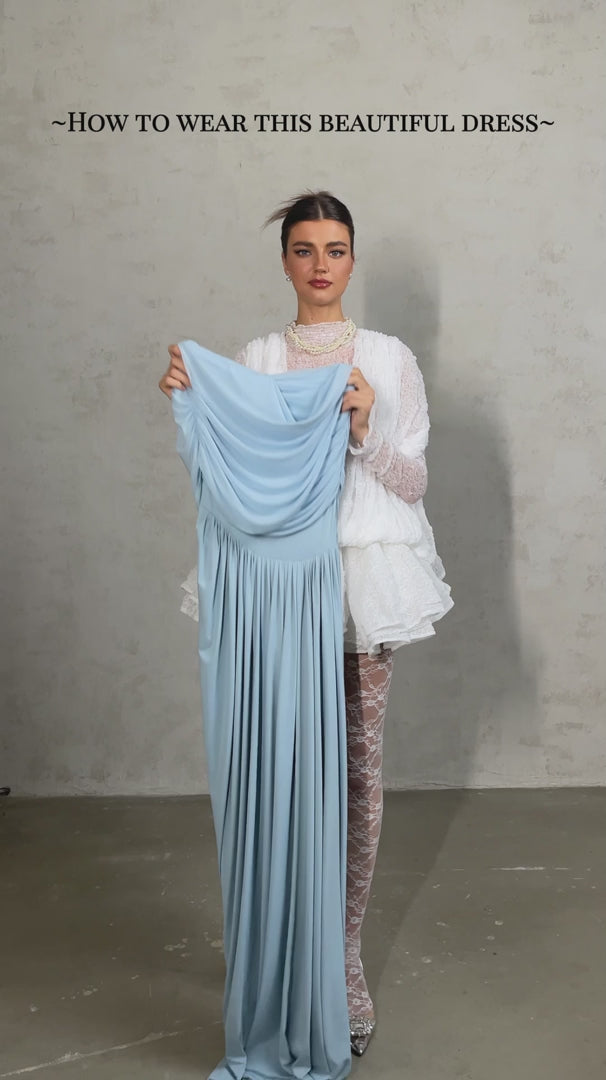 Catherine Asymmetrical Pleated Maxi Dress Sleeveless Mesh Shawl Baby Blue