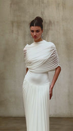 Catherine Asymmetrical Pleated Maxi Dress Crew Neck Sleeveless Mesh Detail White