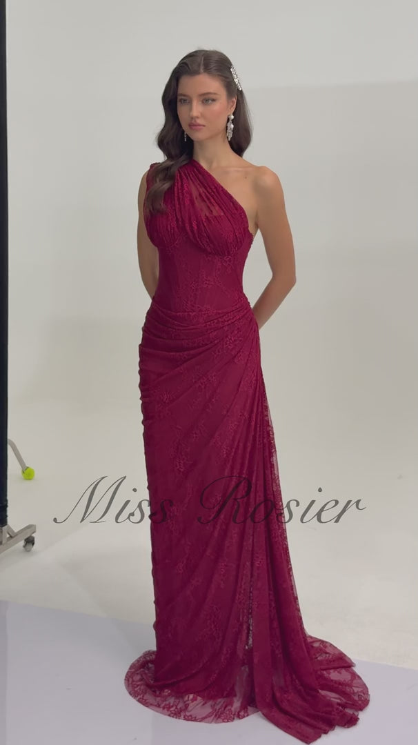 Stefania Floral Lace Maxi Gown One Shoulder High Slit Detail Red