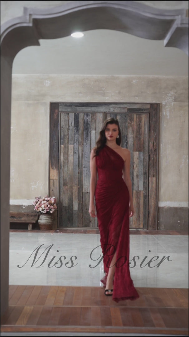 Stefania Floral Lace Maxi Gown One Shoulder High Slit Detail Red