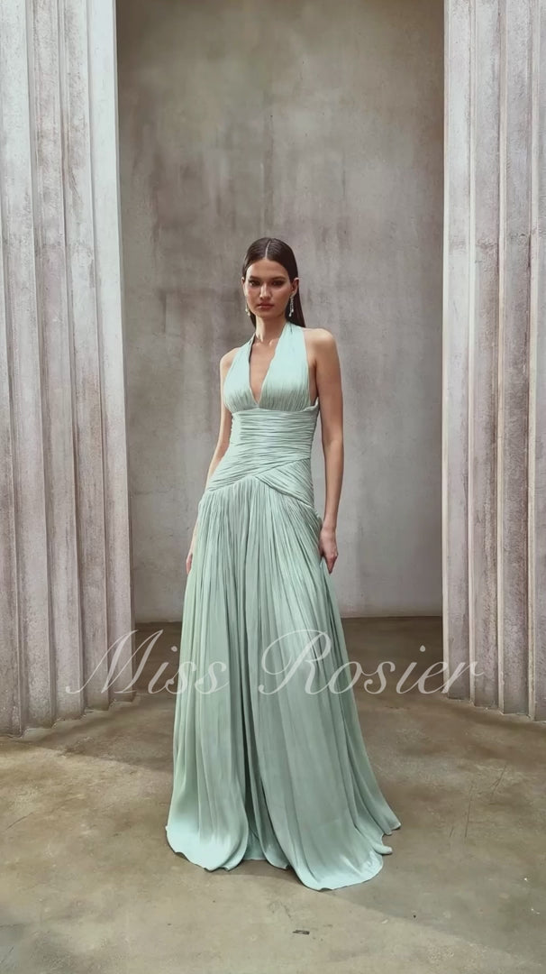 Uranie Gathered Maxi Dress Halterneck Rear Lace-Up Detail Mint Green