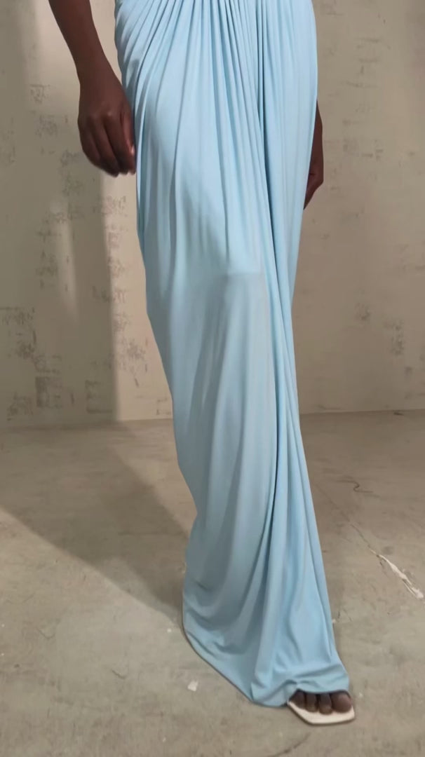 Catherine Asymmetrical Pleated Maxi Dress Sleeveless Mesh Shawl Baby Blue