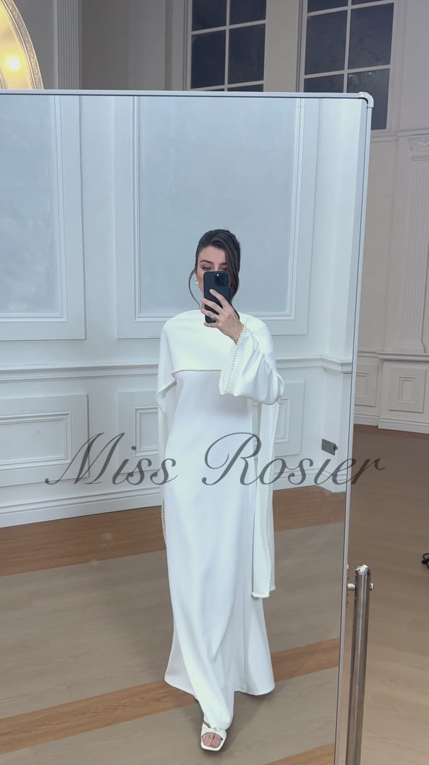 Piroska Pearl Trim Shawl Detail Maxi Dress Mock Neck Long Sleeve White