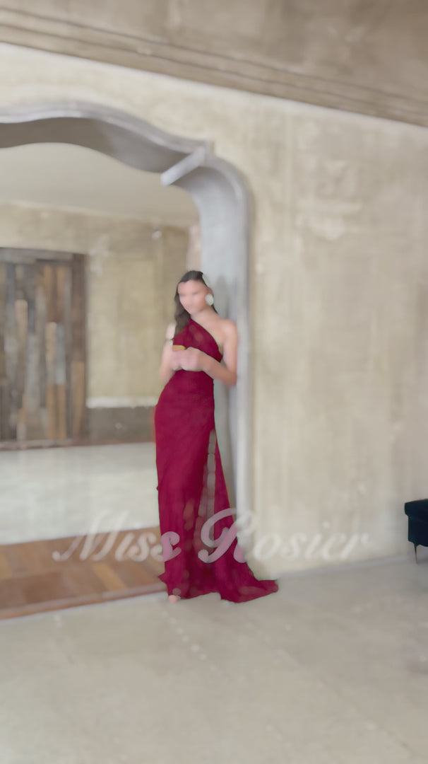 Stefania Floral Lace Maxi Gown One Shoulder High Slit Detail Red
