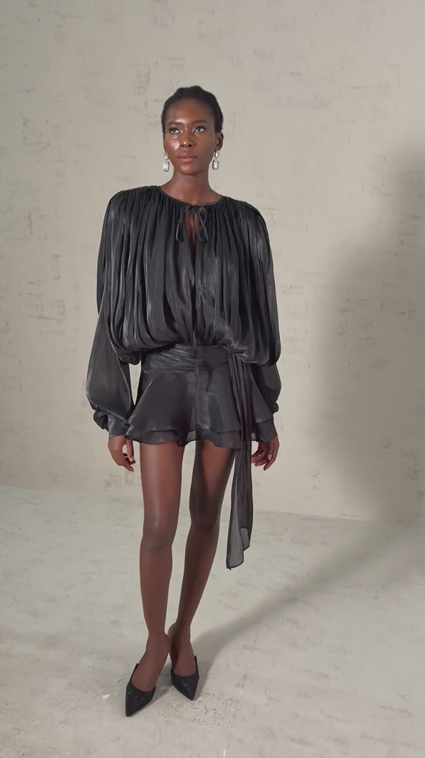 Eugénie Fully Pleated Ruffled Mini Dress Long Sleeve Black
