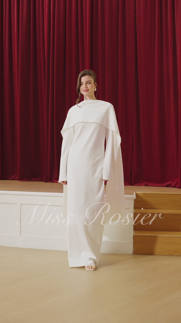 Piroska Pearl Trim Shawl Detail Maxi Dress Mock Neck Long Sleeve White