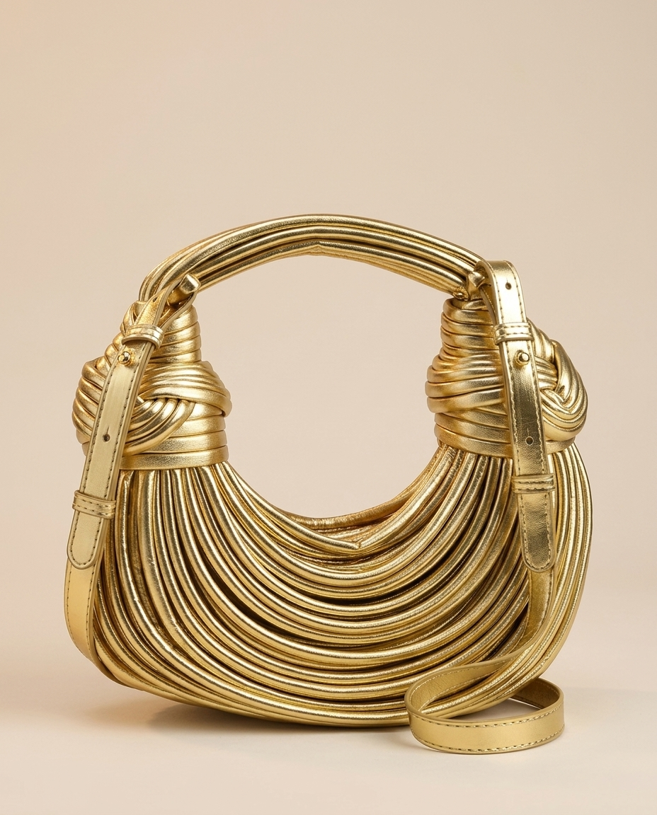 Romy Sculptural Handbag Knotted Handle Curved Ribbed Shape Gold