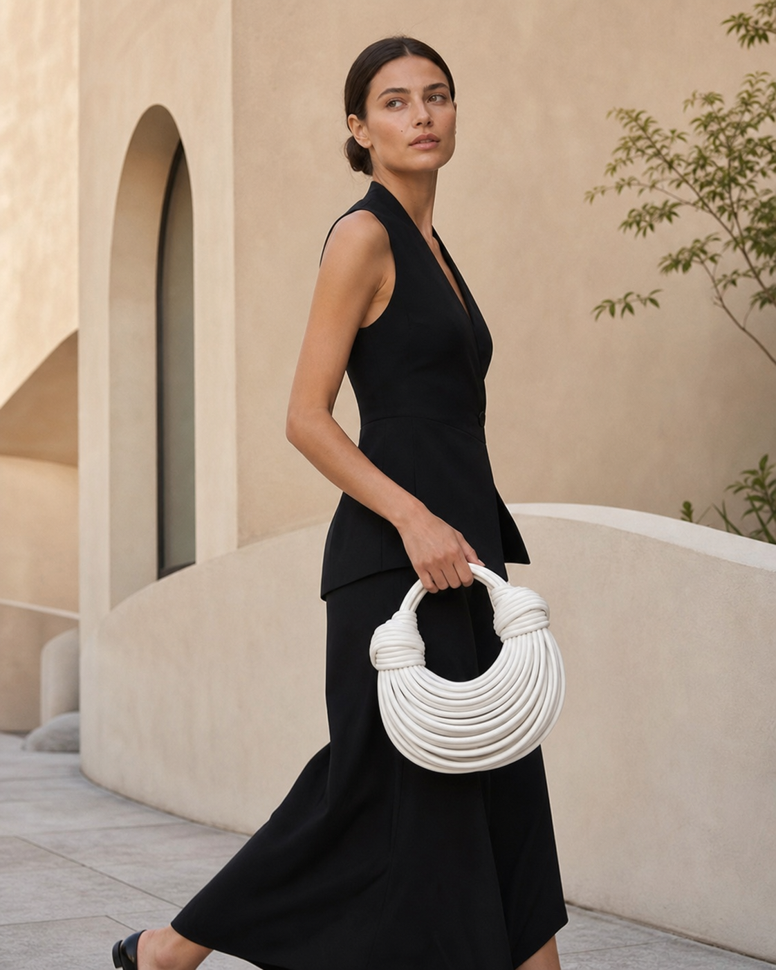 Romy Sculptural Handbag Knotted Handle Curved Ribbed Shape Gold